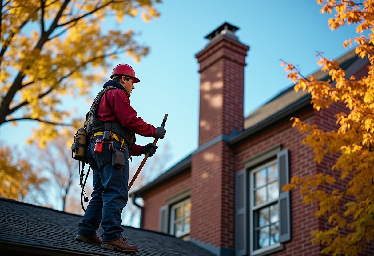 Chimney sweep on the roof of a brick colonial home — Oakton